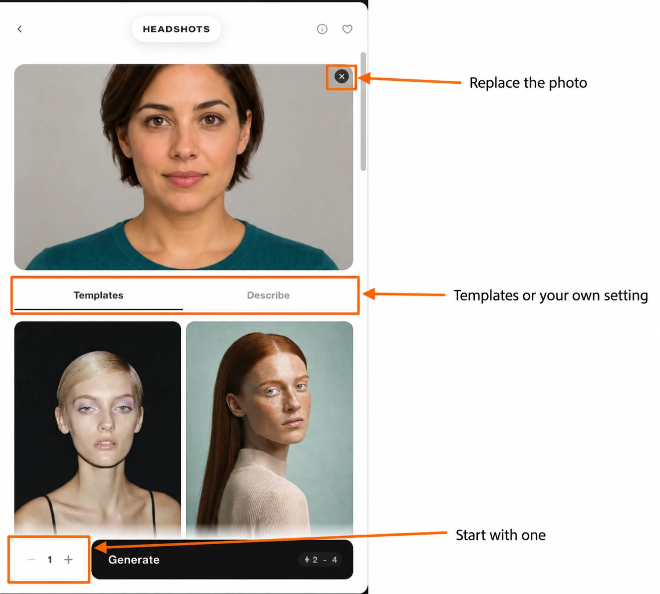 Photo preview, setting tabs and one-generation control marked