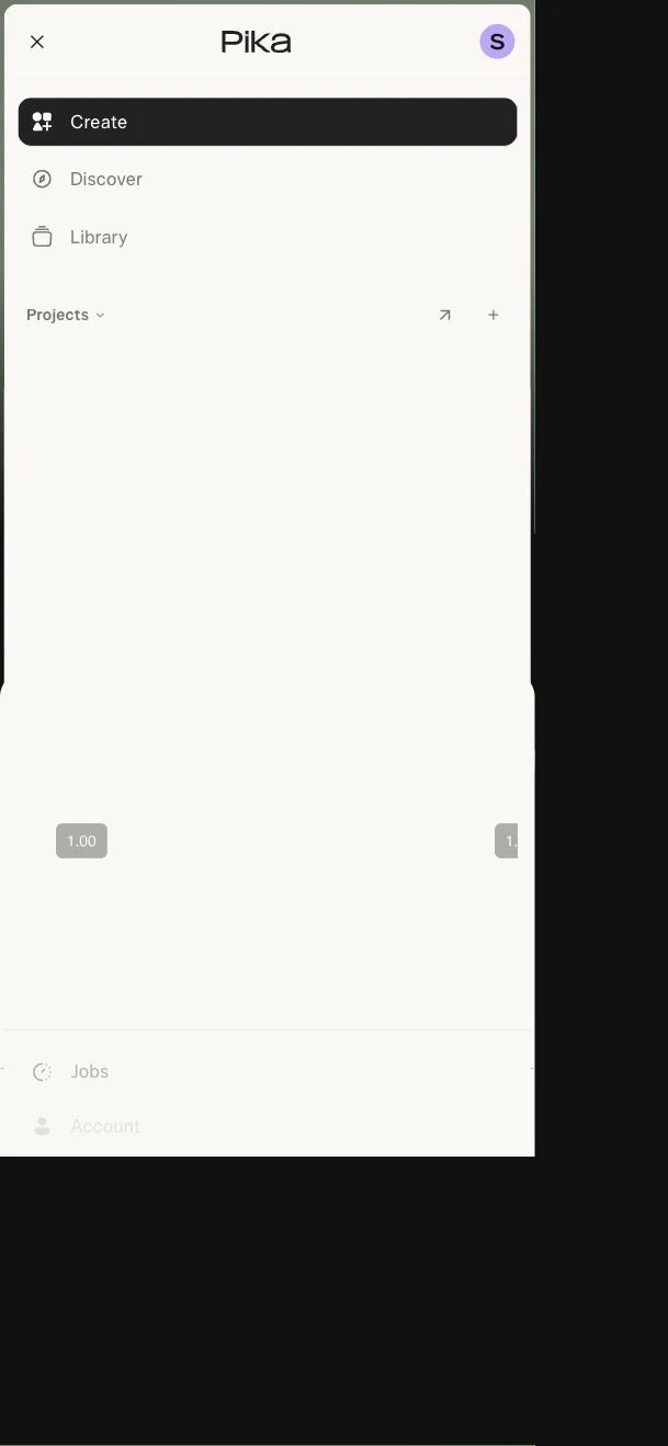 Pika mobile menu showing Create, Discover, Library, Projects and Jobs