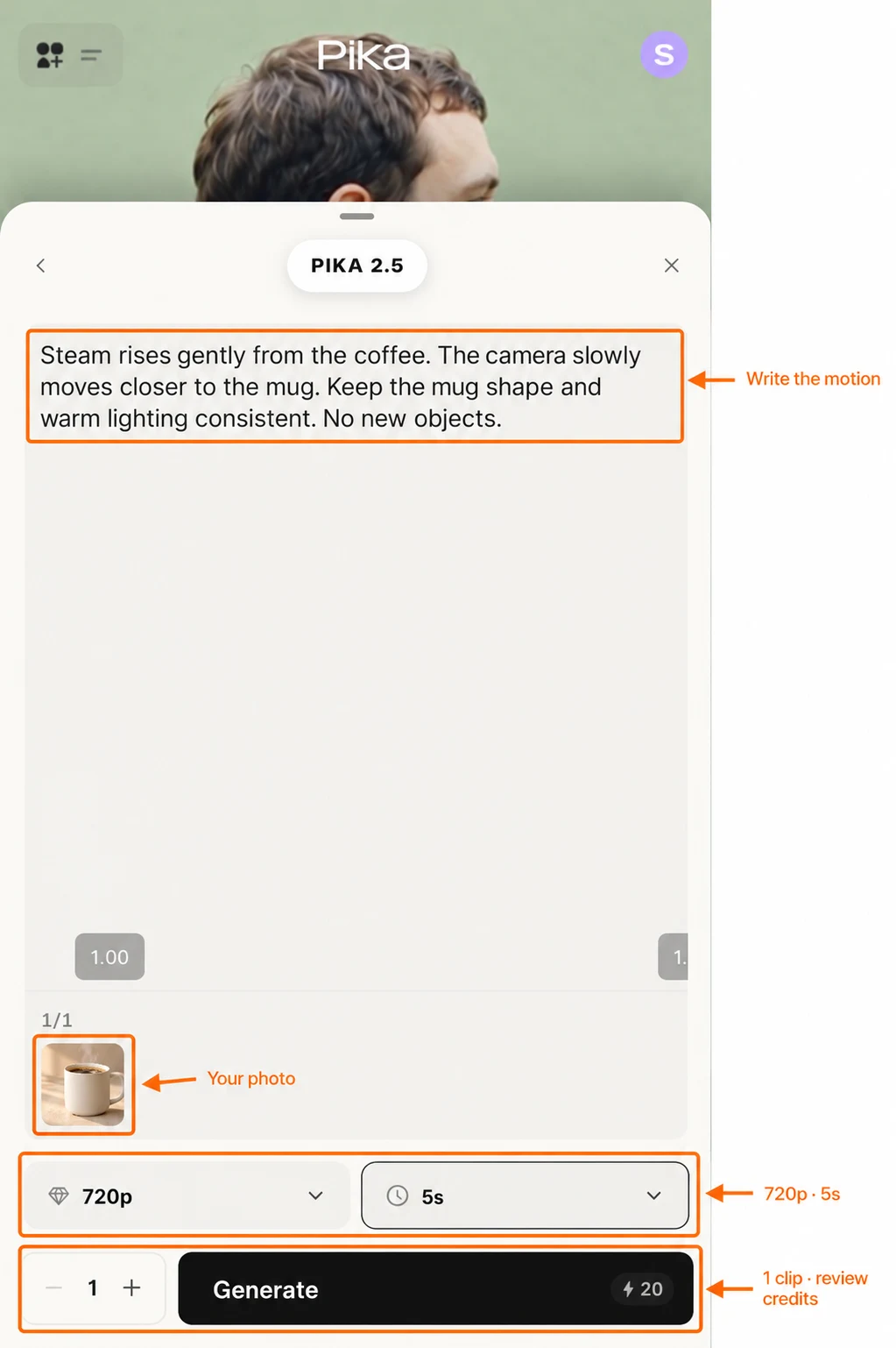 Pika mobile composer with small arrows marking prompt, mug photo, 720p, 5s and the credit estimate