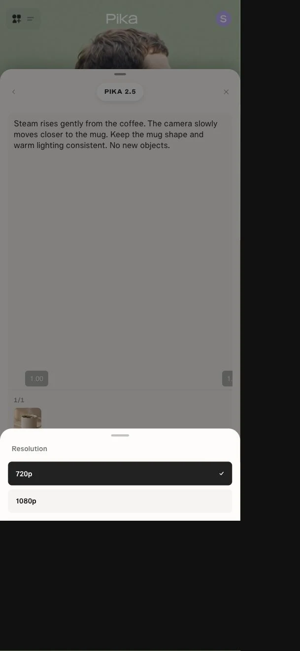 Mobile resolution sheet with 720p selected and 1080p available