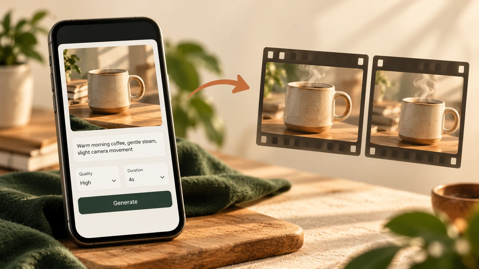 A phone with a coffee photo and motion prompt beside two frames of the steaming mug