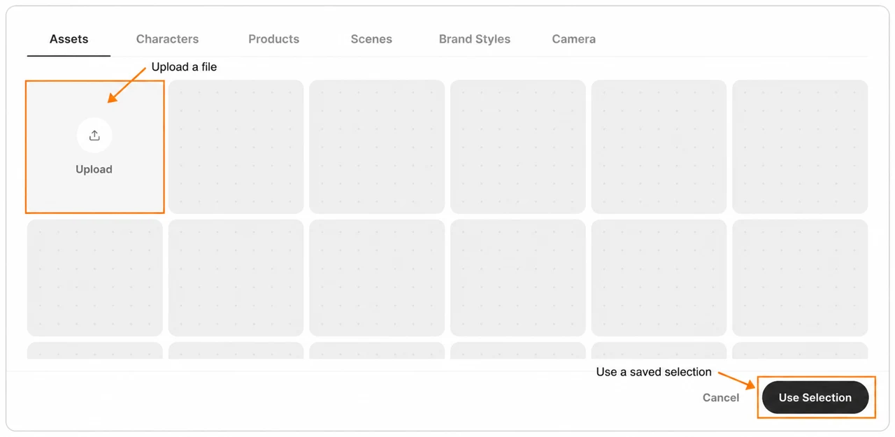 Annotated character asset picker pointing to Upload and Use Selection