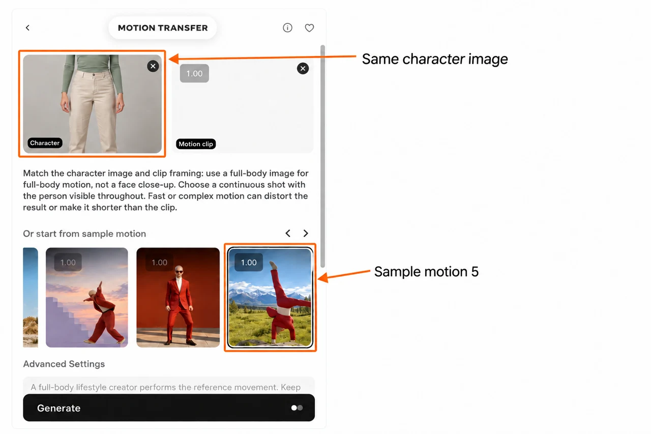 Annotated same character input and selected Sample motion 5 card