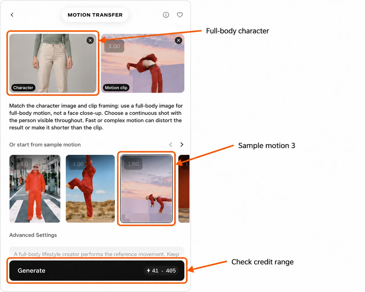 Annotated input showing the character image, selected Sample motion 3 and credit quote