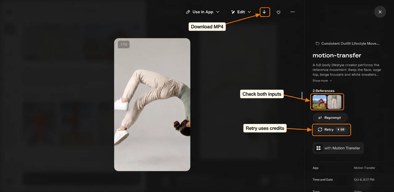 Annotated completed Motion Transfer video with playback and Download