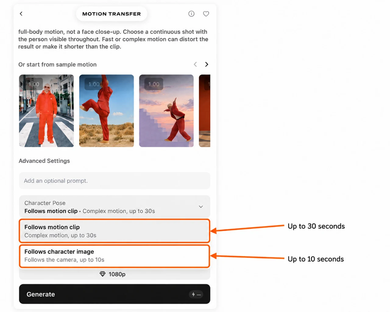 Annotated Character Pose menu showing the two options and their clip limits