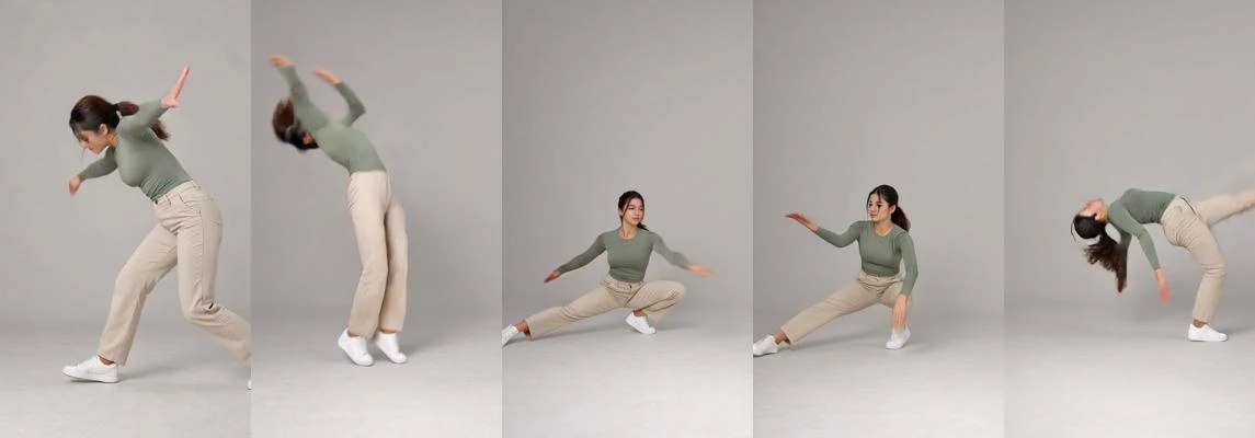 Five actual frames from the Sample motion 3 output showing bends, a wide stance and a backward lean