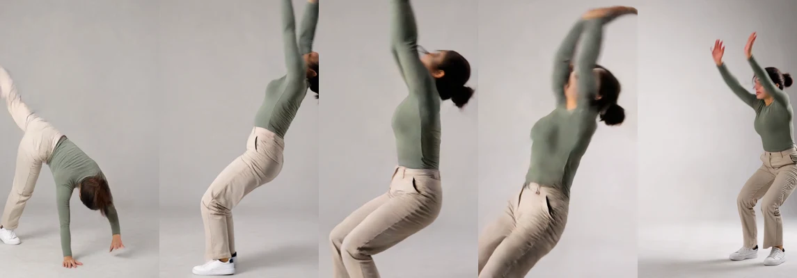 Five actual Sample motion 5 output frames showing inversion, backward bending and raised arms