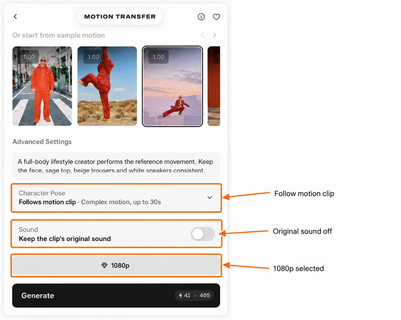 Annotated tested controls showing Follows motion clip, sound off and 1080p