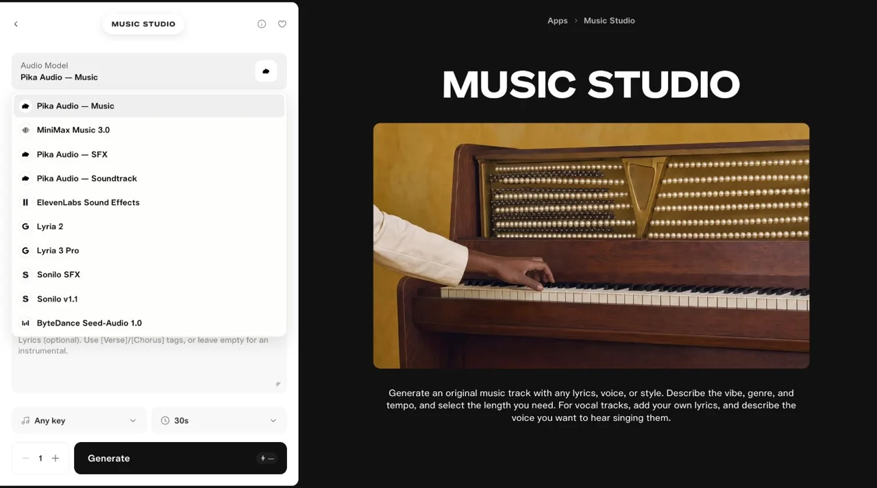 Audio Model menu showing Pika Music and other audio models
