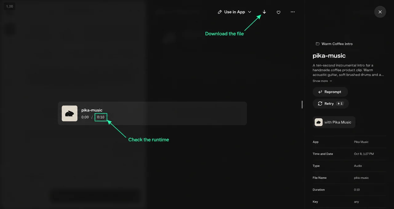 Annotated audio output screen with arrows to Download and the runtime