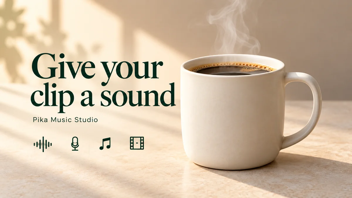 A warm coffee mug with the words Give your clip a sound and Pika Music Studio