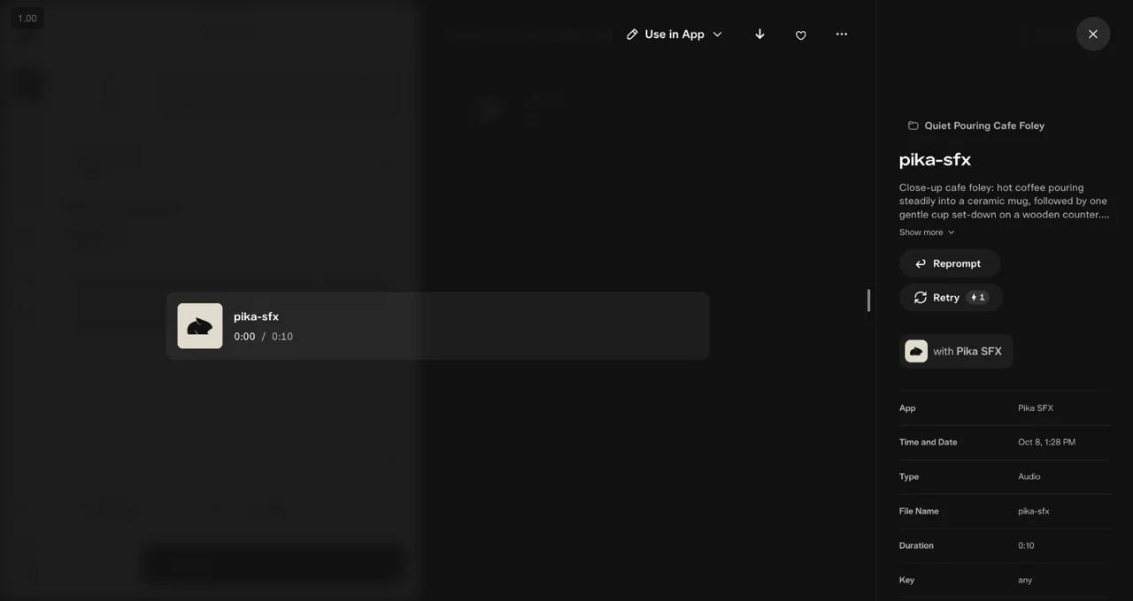 Completed Pika SFX audio asset showing its ten-second duration