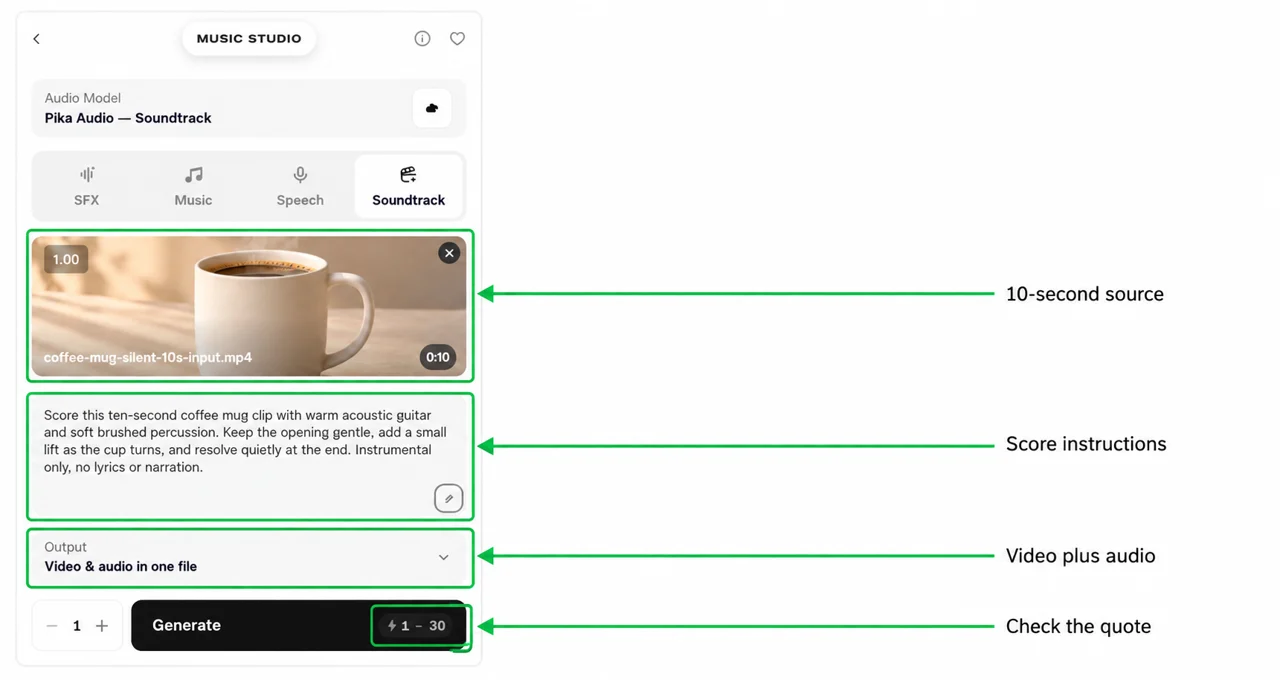Annotated Soundtrack input showing a ten-second coffee clip, instructions and mixed output
