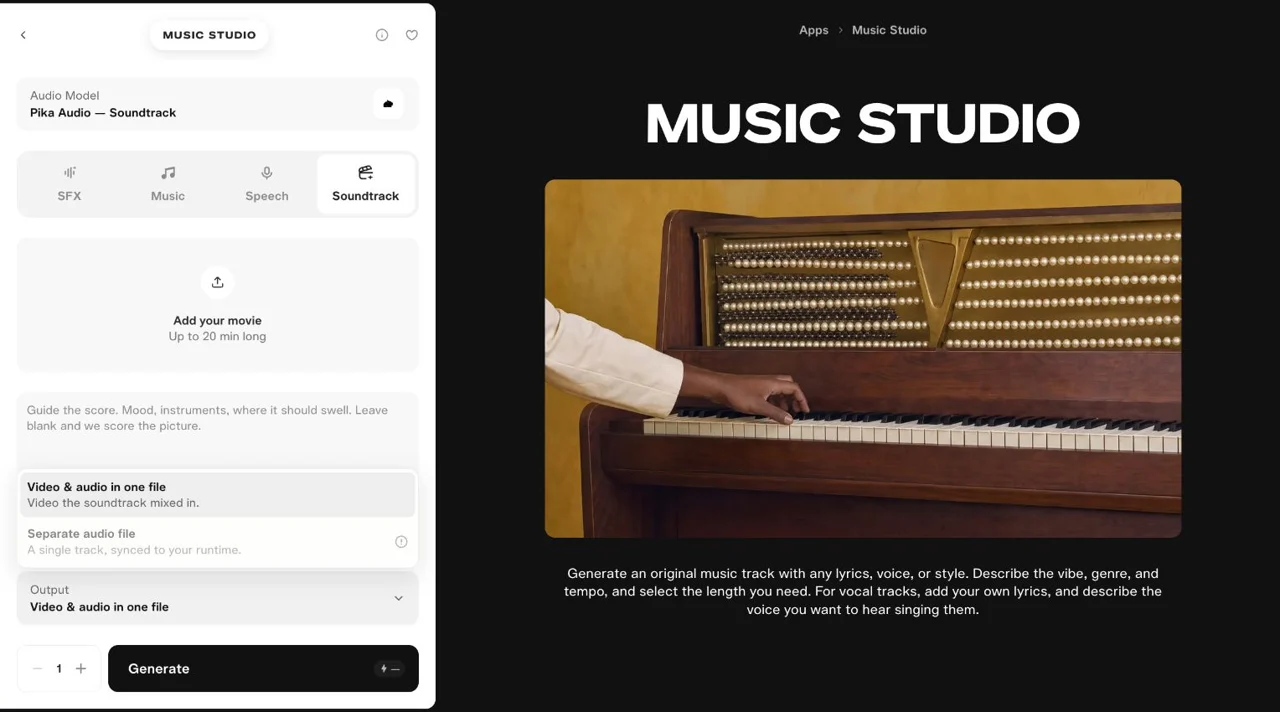 Soundtrack output menu with mixed video selected and separate audio disabled
