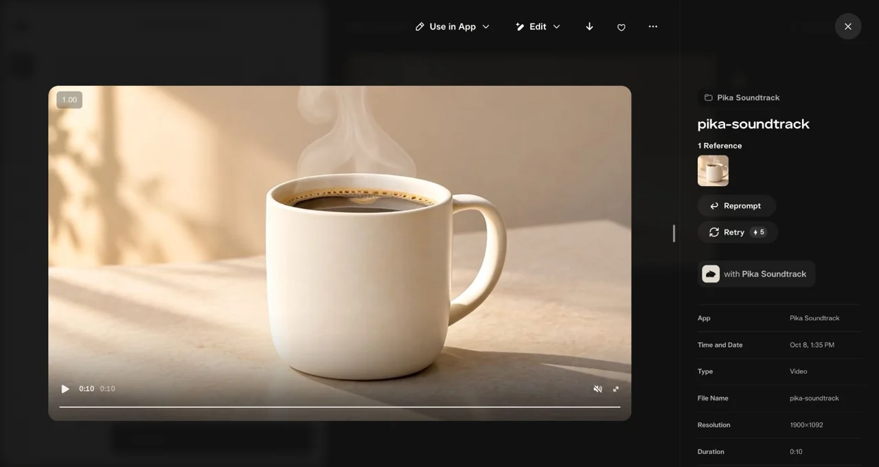 Completed Soundtrack video details showing the coffee mug and ten-second runtime