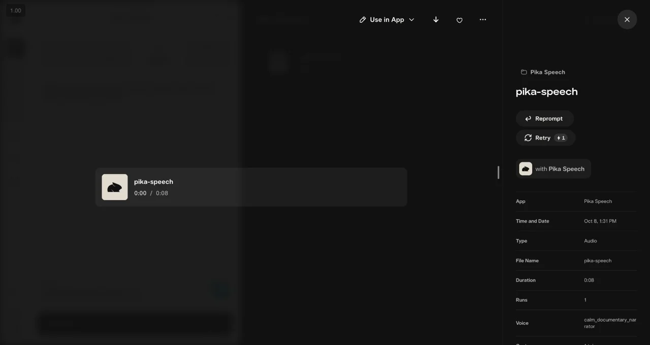 Completed Pika Speech asset with an eight-second runtime shown