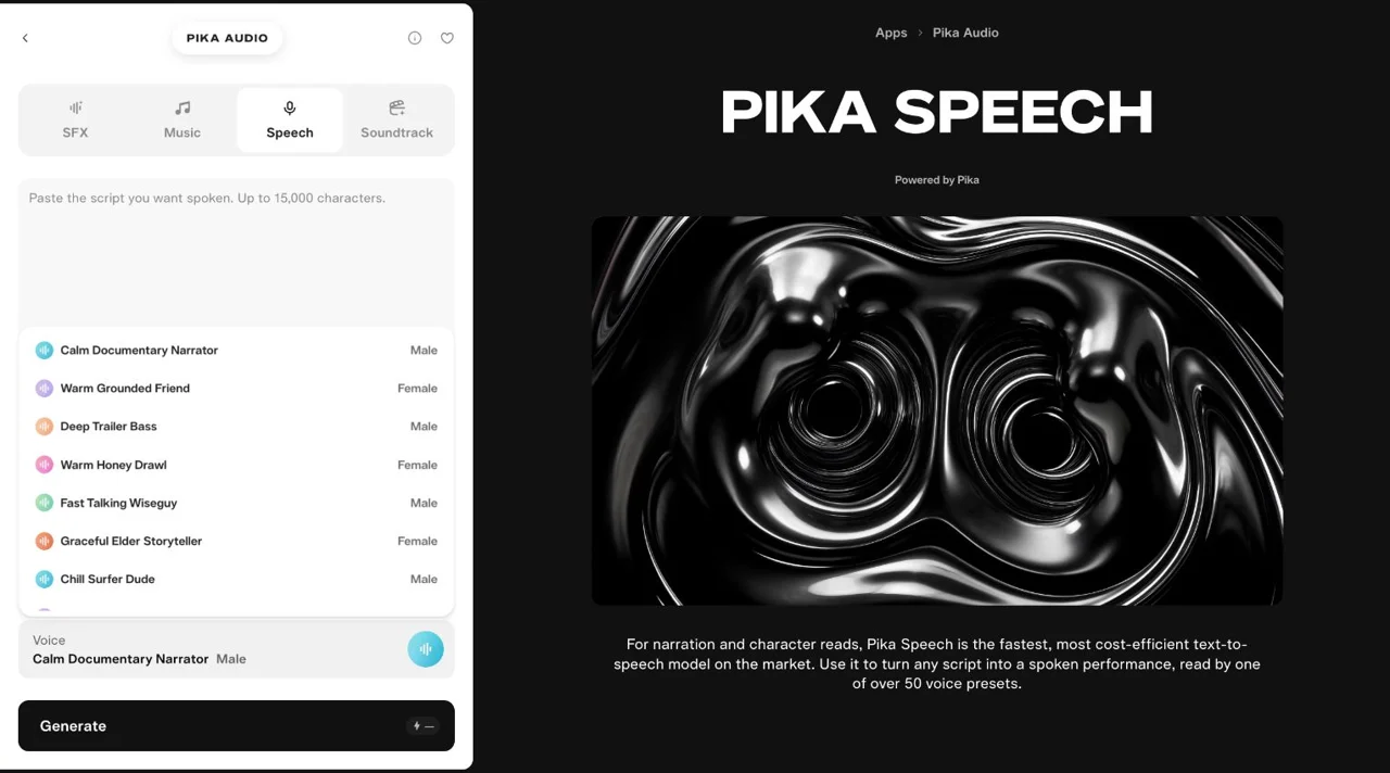 Pika Speech voice menu with narration and character delivery presets