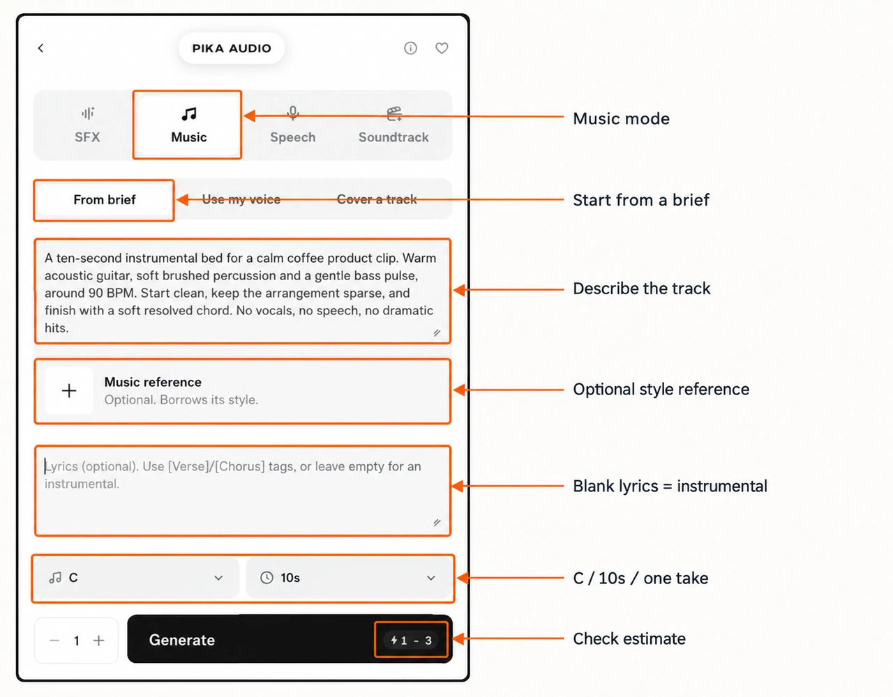 Music mode From brief prompt reference lyrics key length and estimate with small labels