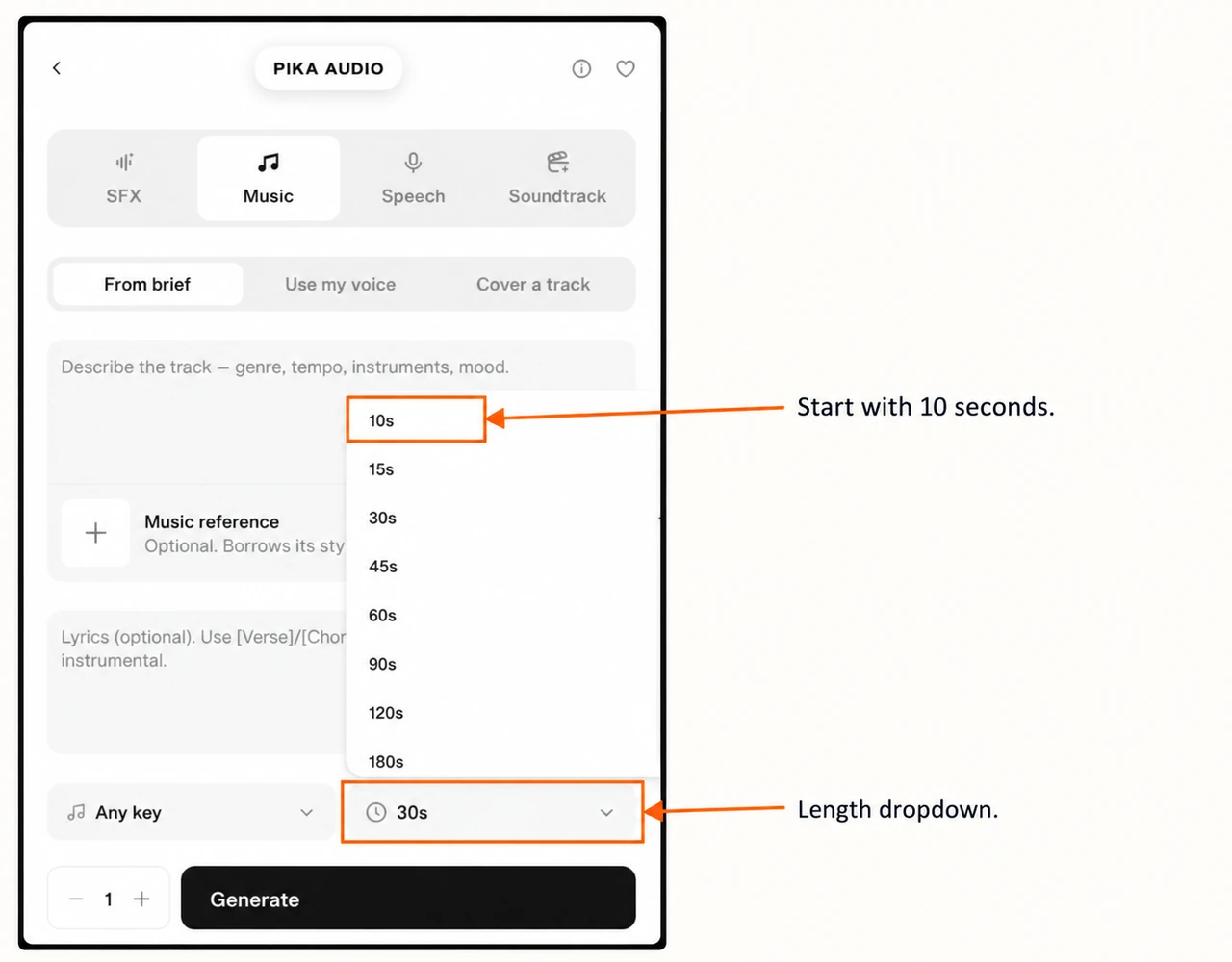Length menu with ten seconds marked