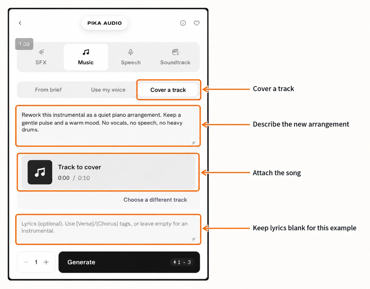 Cover a track workflow with ten-second source and piano arrangement brief