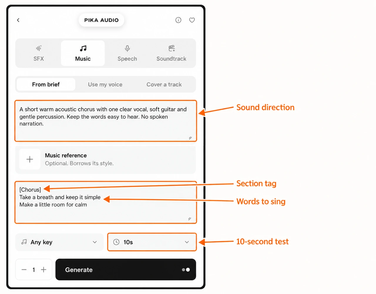 Prepared music prompt and chorus lyrics in separate fields