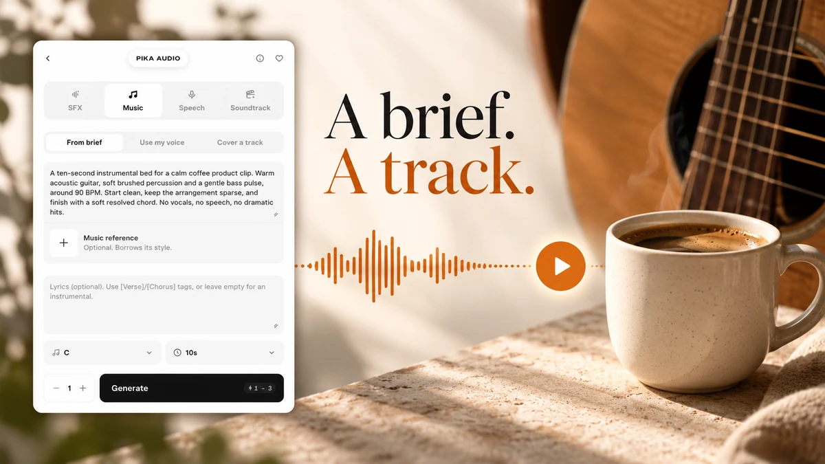 A real music brief connected to a coffee cup and guitar with the hook A brief. A track.
