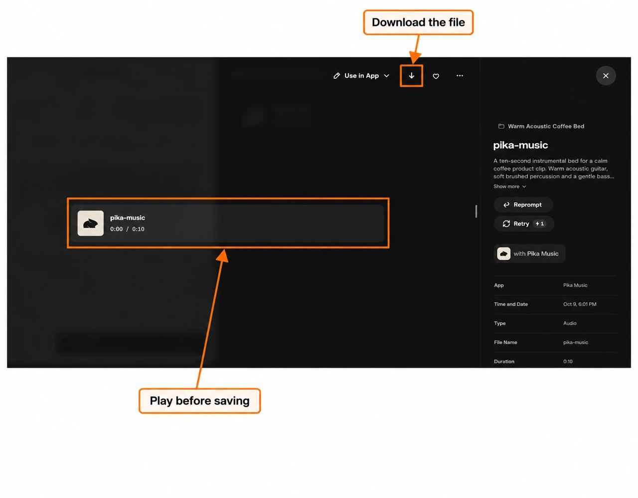 Completed pika-music audio asset with player and download arrow marked