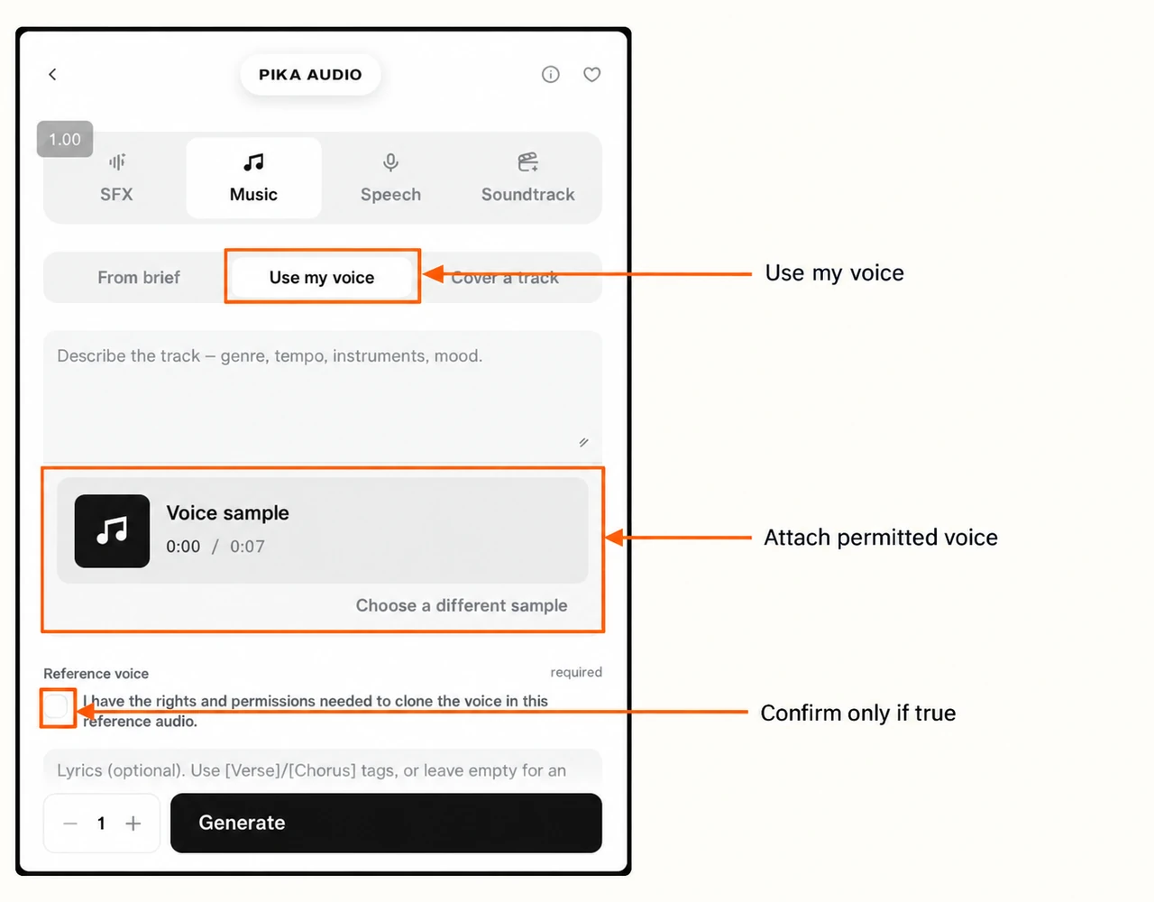 Use my voice workflow with attached sample and unchecked required rights confirmation