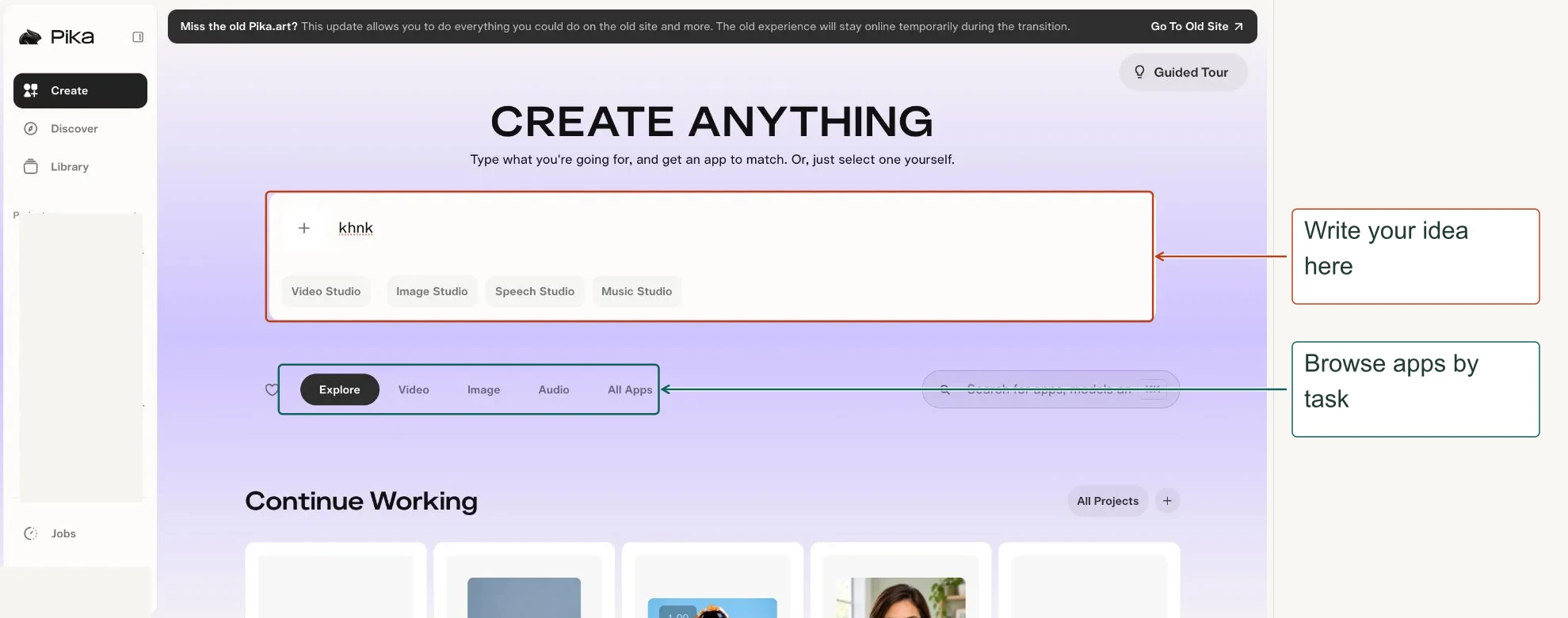 Pika Create home with arrows to the prompt composer and app categories