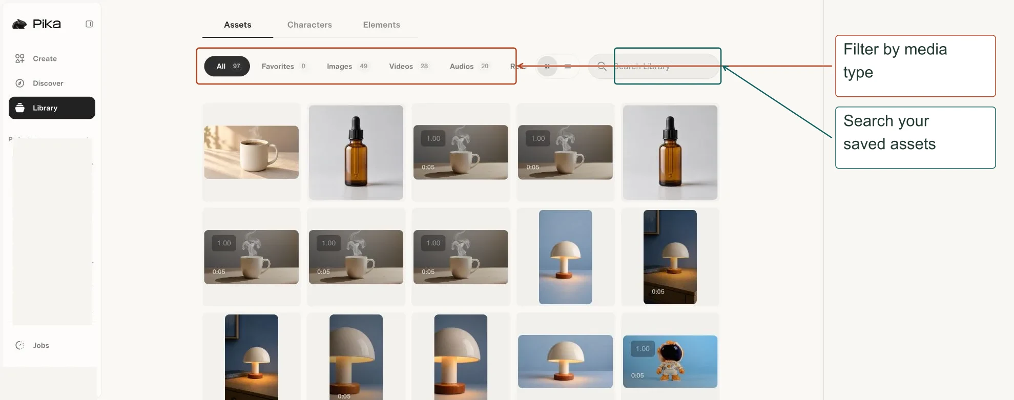 Arrows highlight: Filter by media type; Search your saved assets.