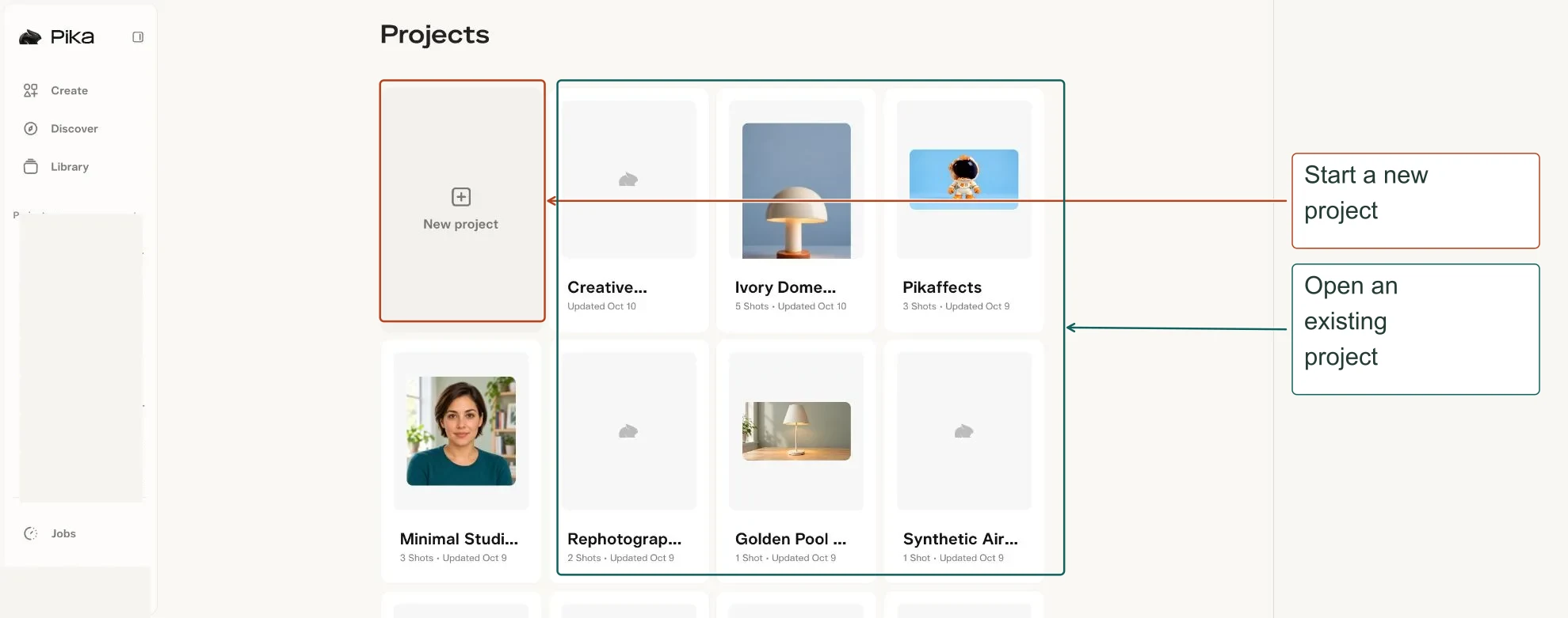 Arrows highlight: Start a new project; Open an existing project.