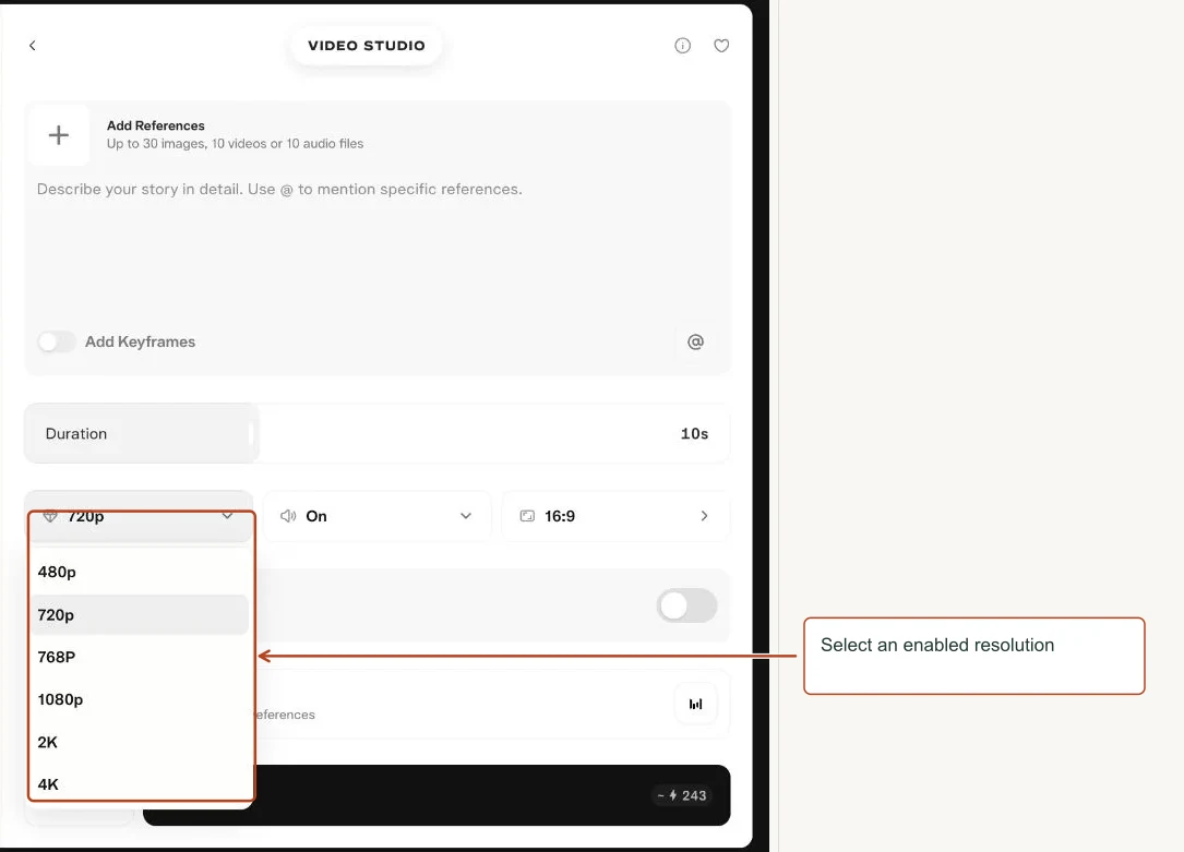 Arrows highlight: Select an enabled resolution.