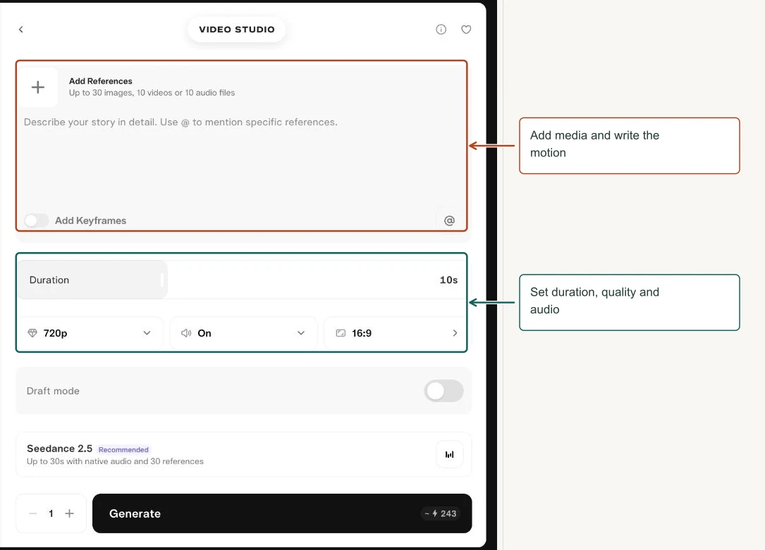 Arrows highlight: Add media and write the motion; Set duration, quality and audio.