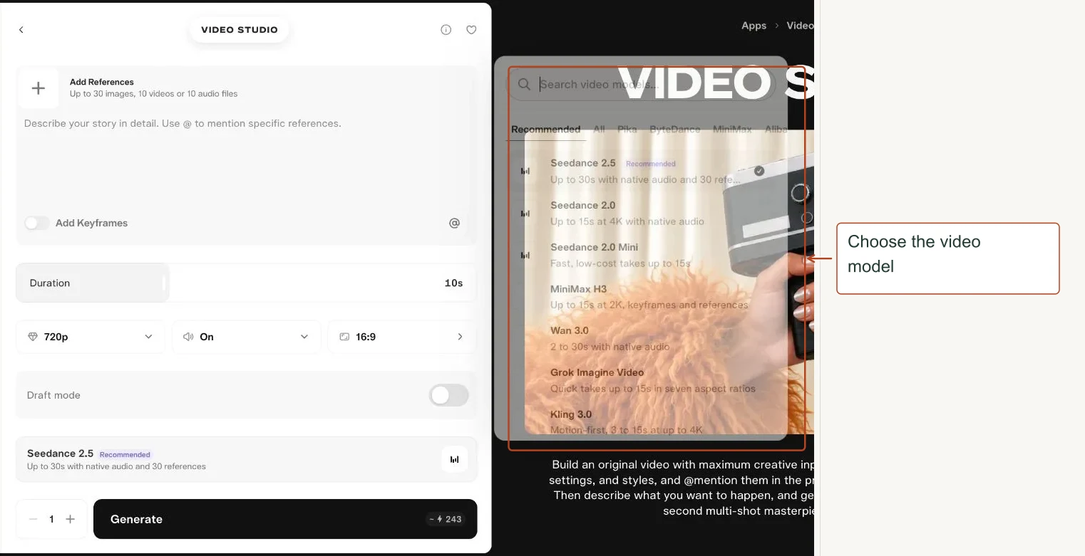 Arrows highlight: Choose the video model.