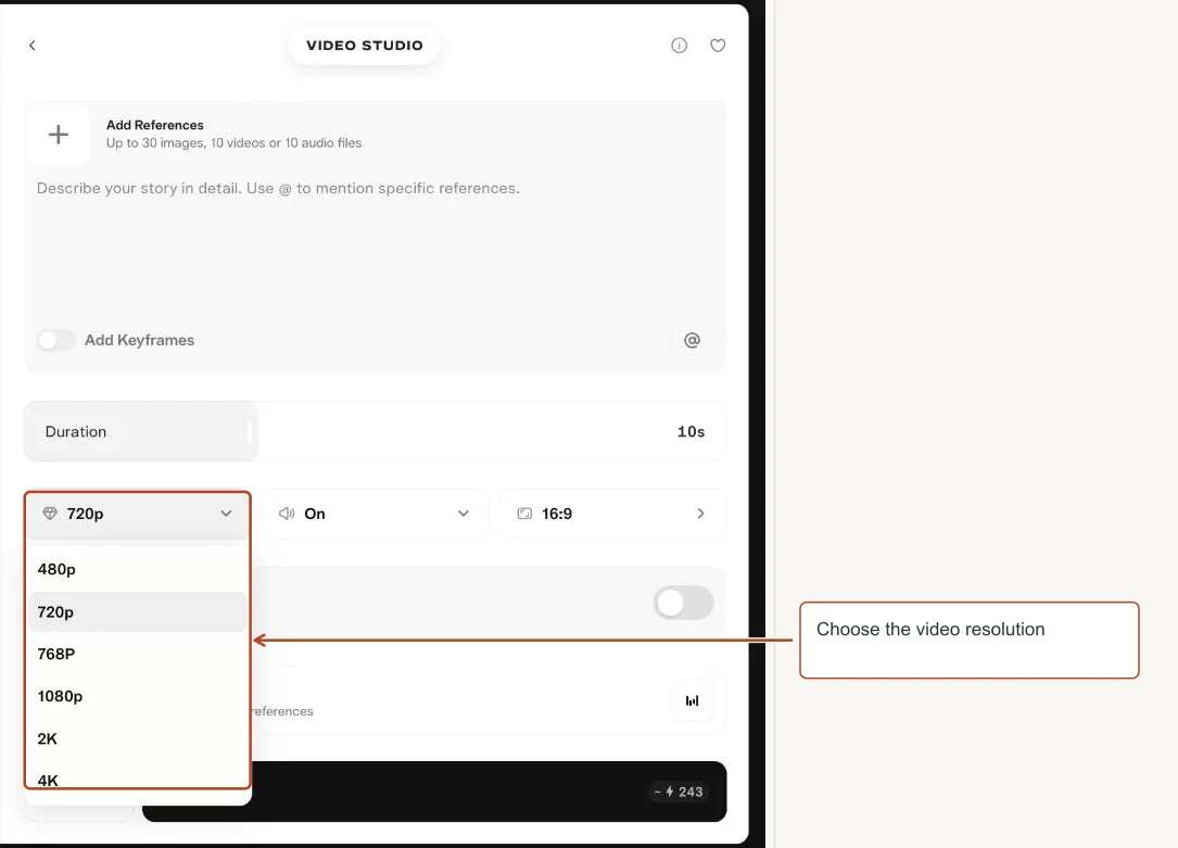 Arrows highlight: Choose the video resolution.