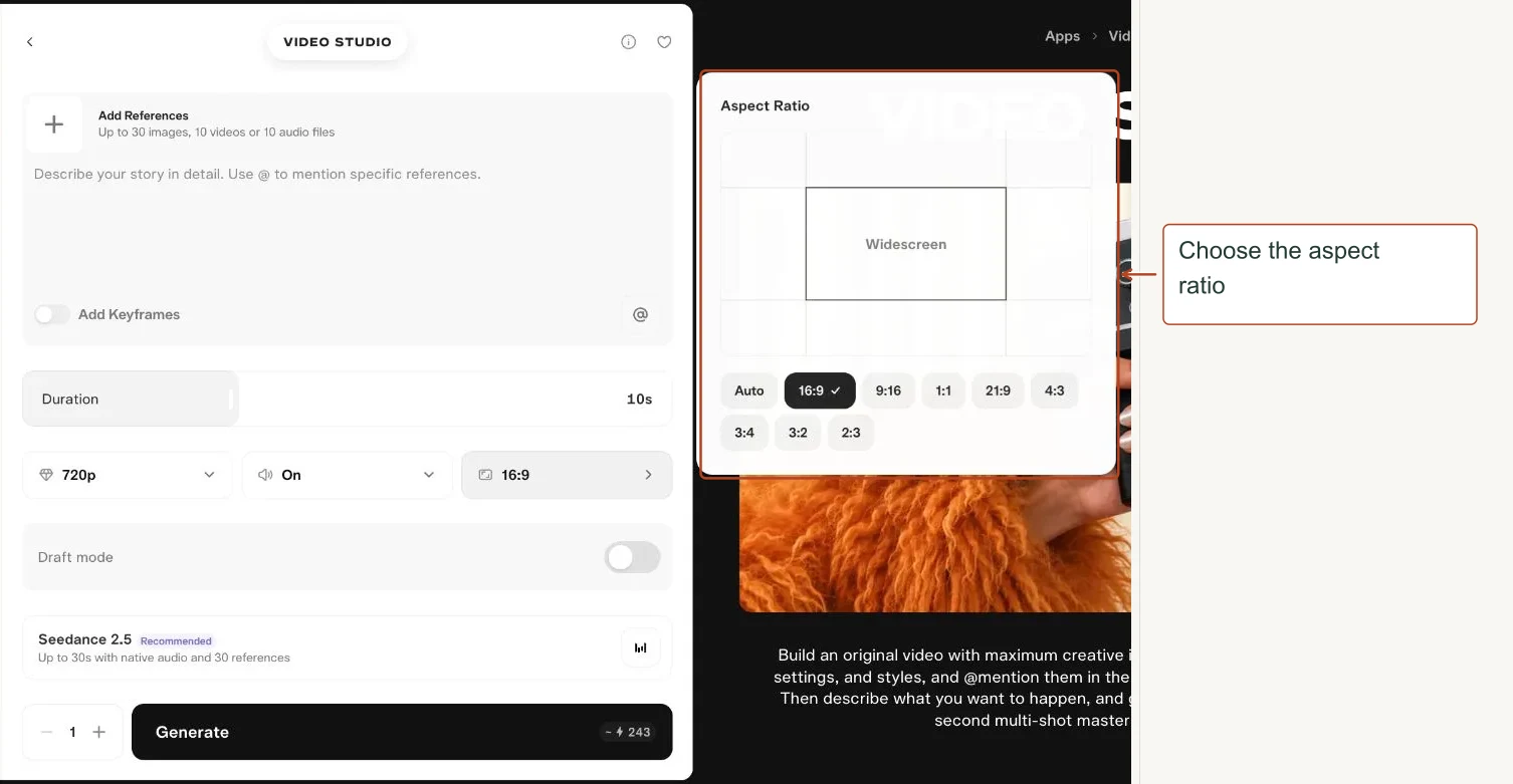 Arrows highlight: Choose the aspect ratio.