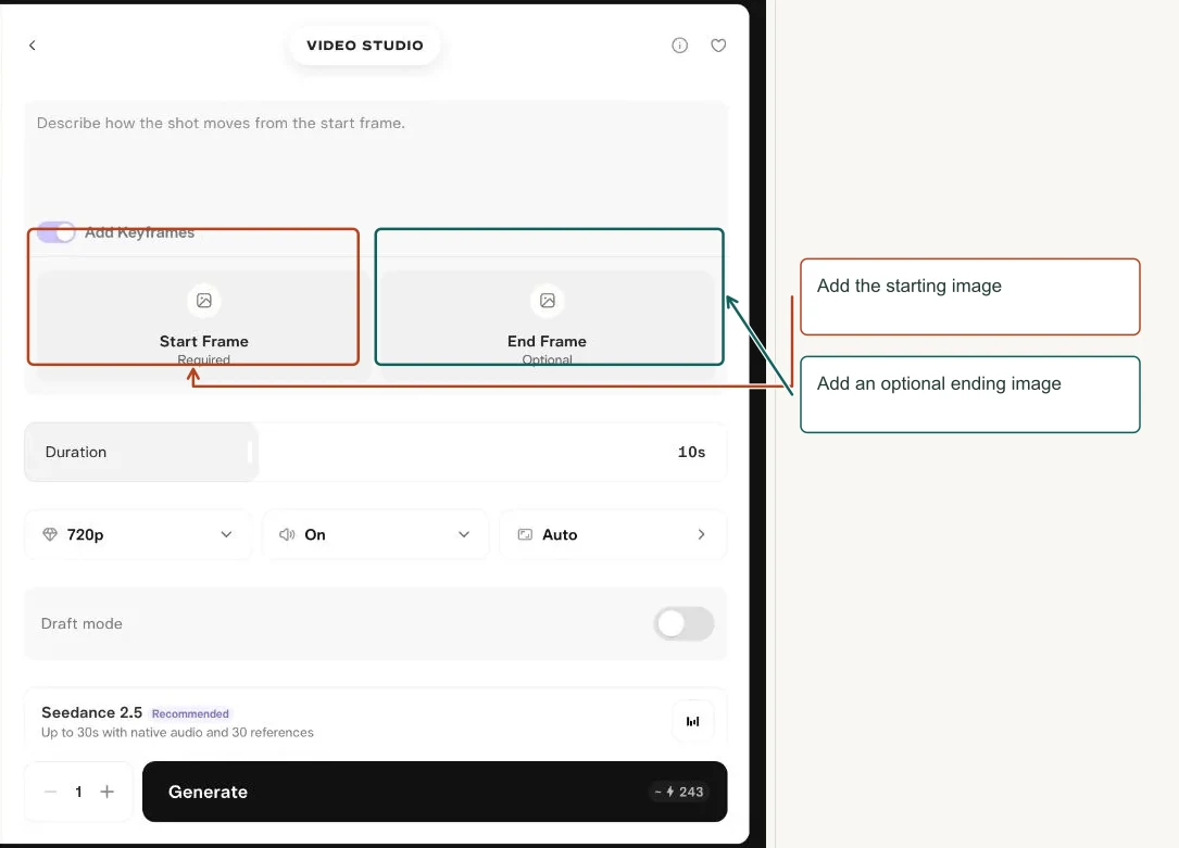 Arrows highlight: Add the starting image; Add an optional ending image.