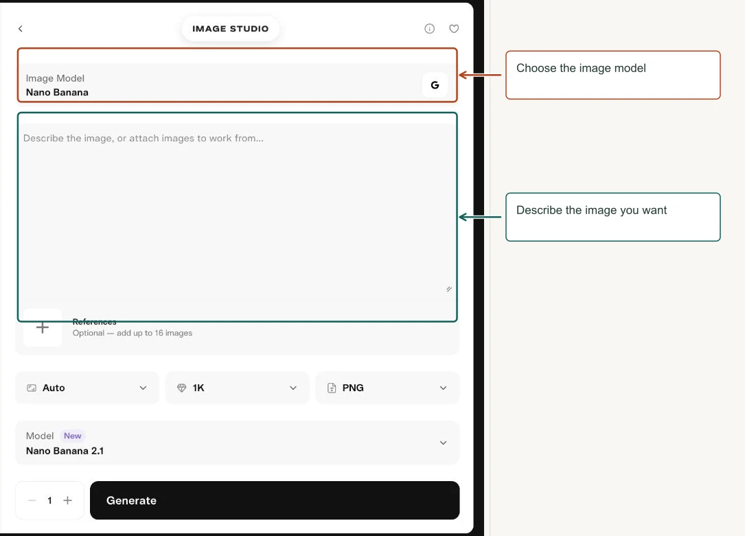 Arrows highlight: Choose the image model; Describe the image you want.