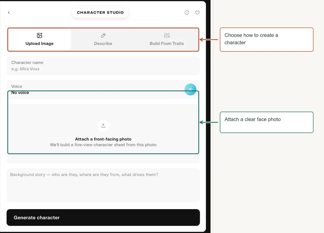 Arrows highlight: Choose how to create a character; Attach a clear face photo.