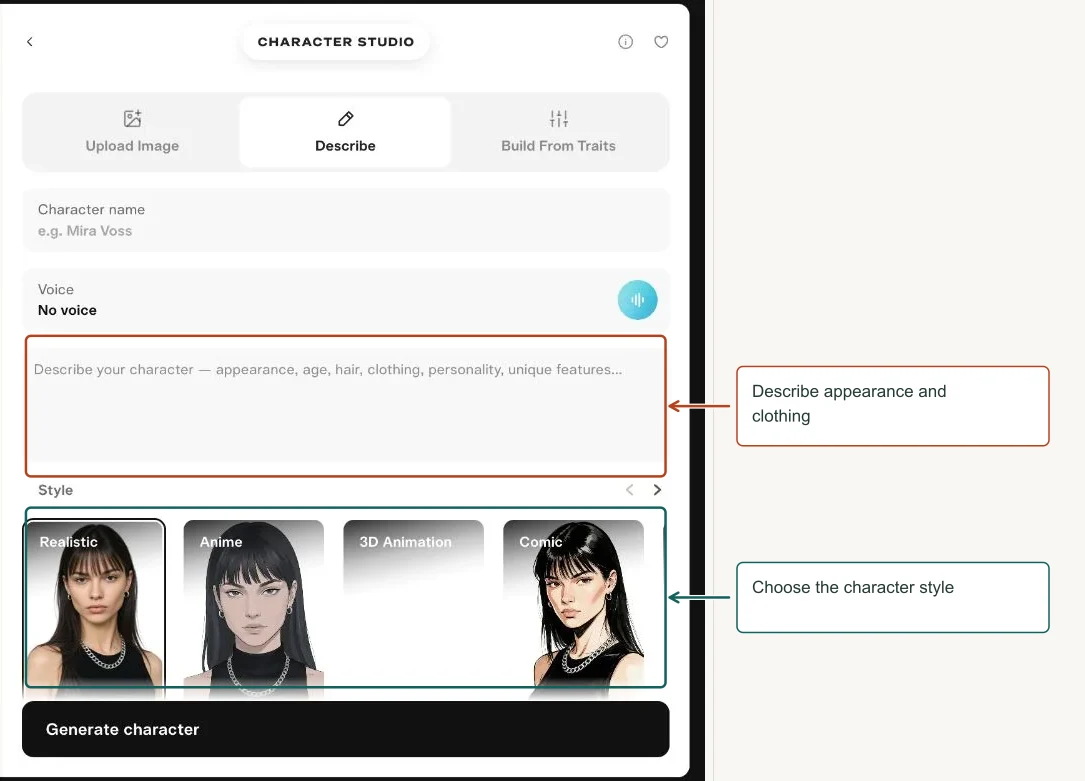 Arrows highlight: Describe appearance and clothing; Choose the character style.