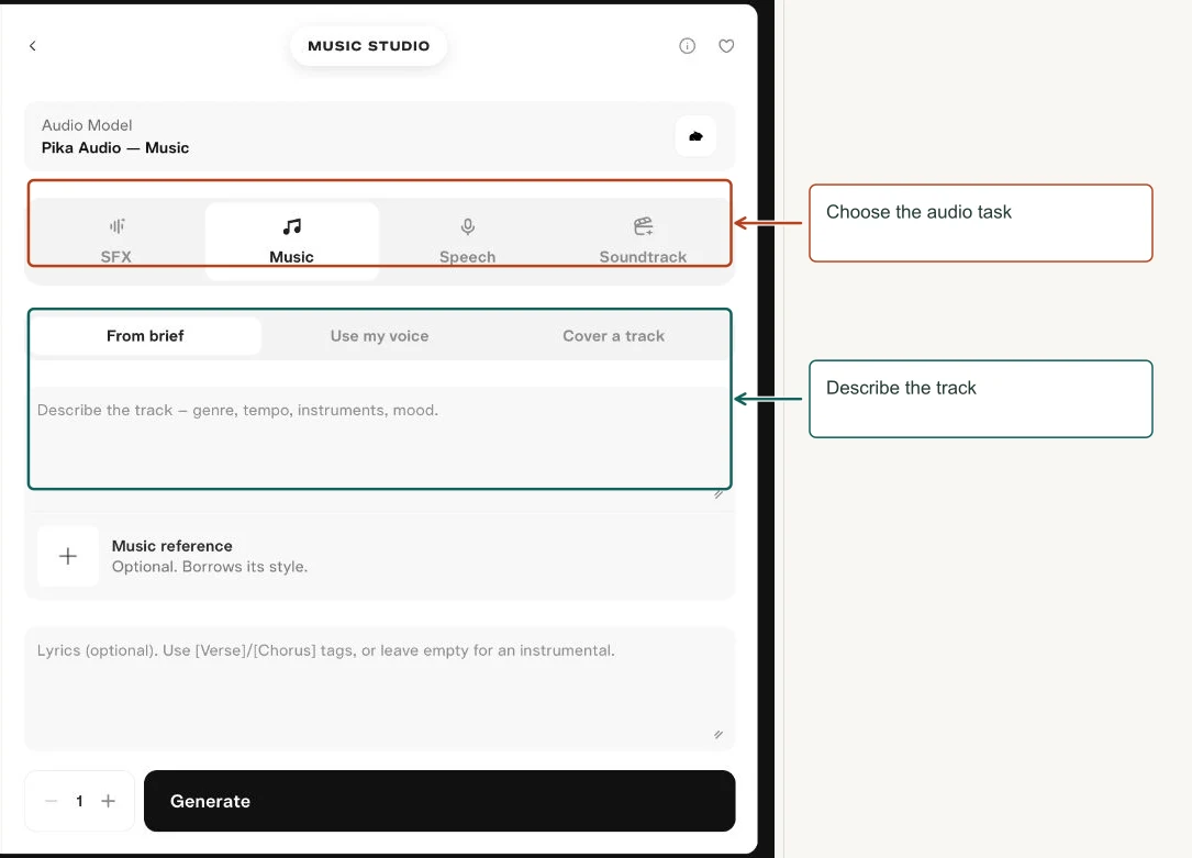 Arrows highlight: Choose the audio task; Describe the track.
