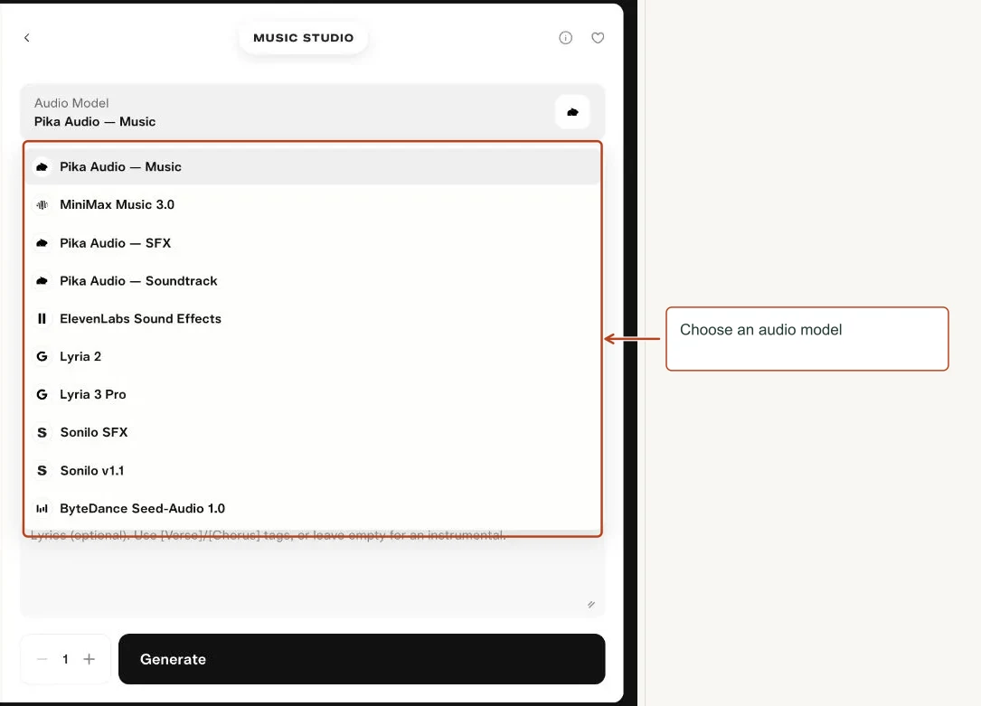 Arrows highlight: Choose an audio model.