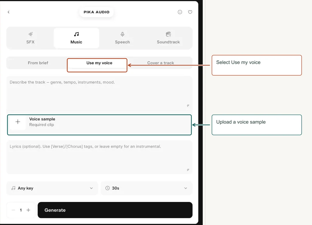 Arrows highlight: Select Use my voice; Upload a voice sample.