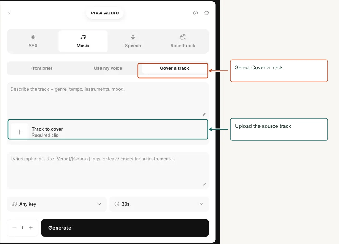 Arrows highlight: Select Cover a track; Upload the source track.