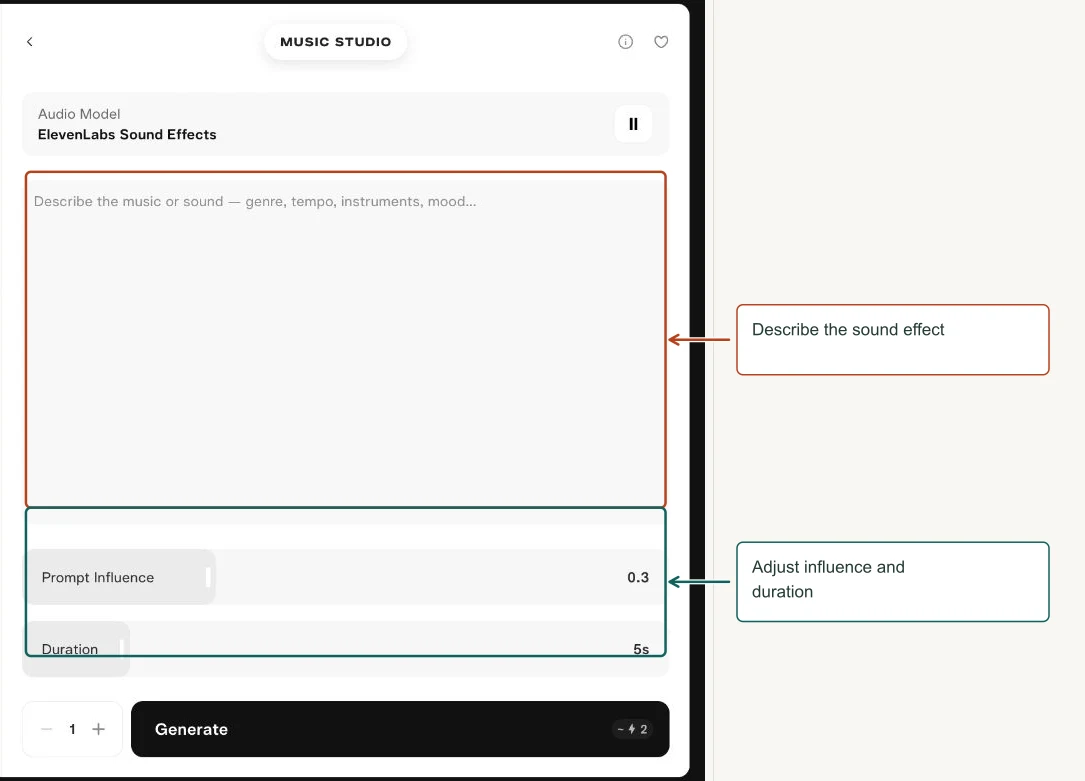 Arrows highlight: Describe the sound effect; Adjust influence and duration.