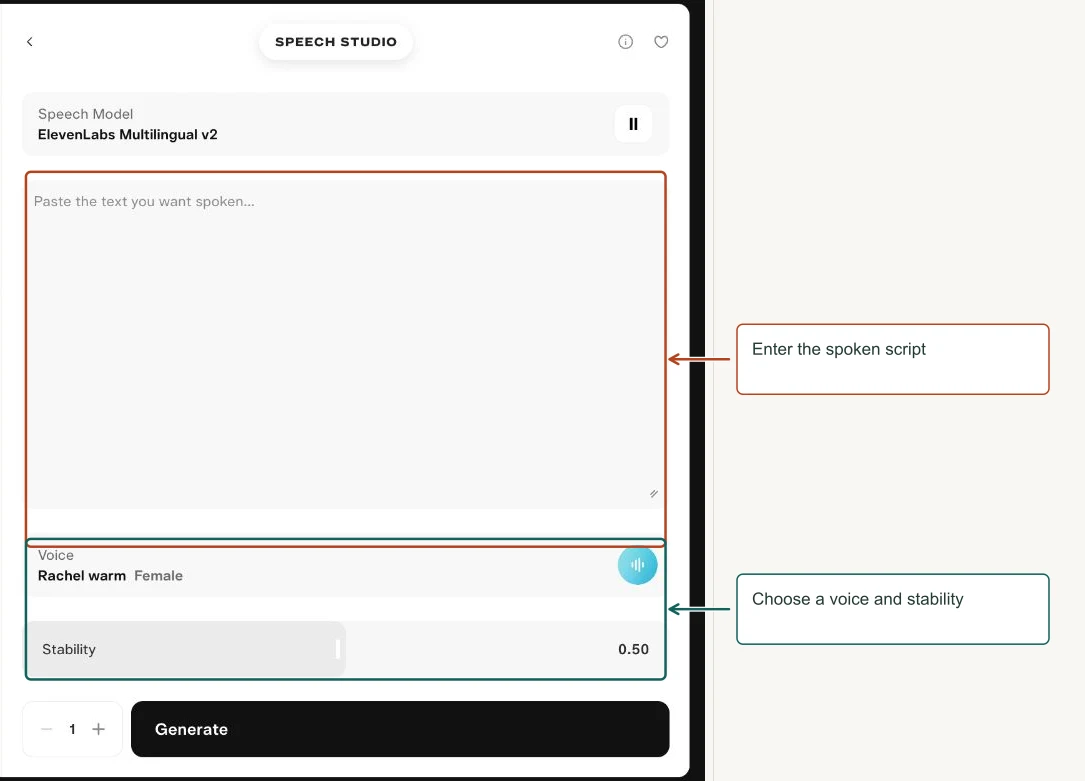 Arrows highlight: Enter the spoken script; Choose a voice and stability.