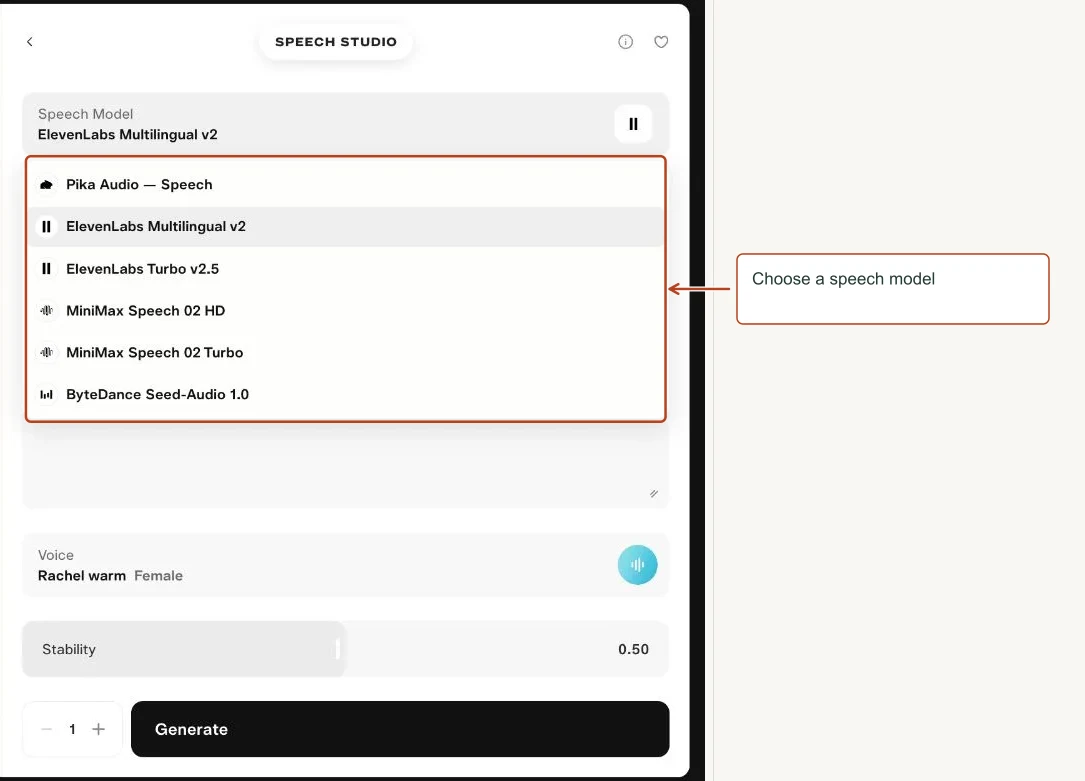 Arrows highlight: Choose a speech model.