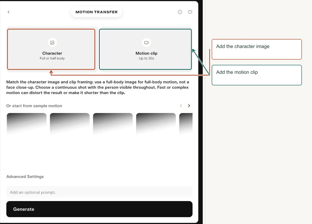 Arrows highlight: Add the character image; Add the motion clip.