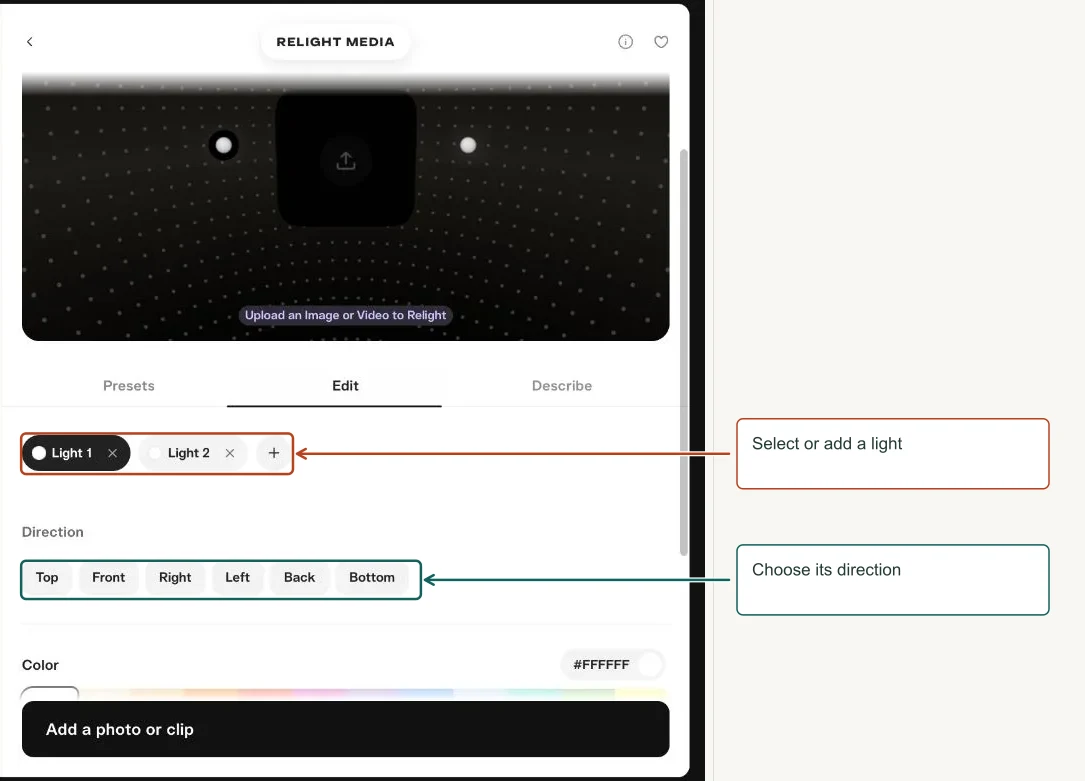 Arrows highlight: Select or add a light; Choose its direction.
